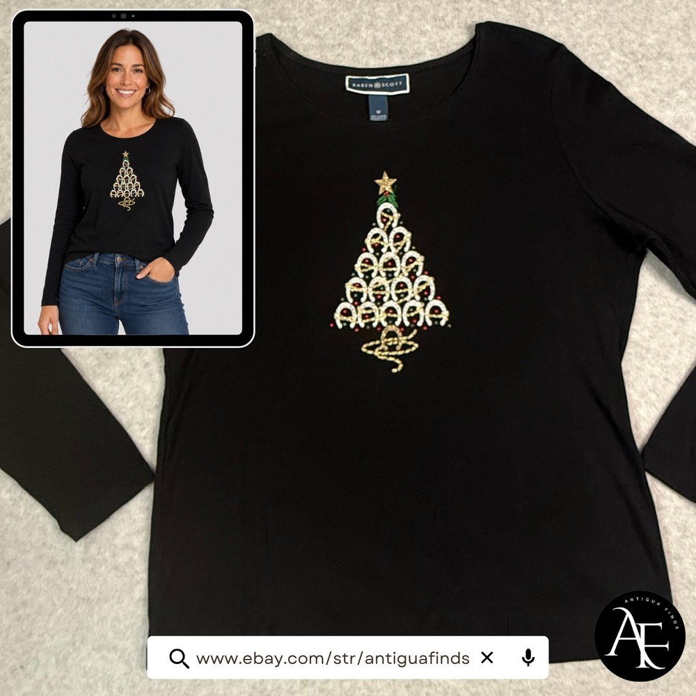 Karen Scott Womens Black Christmas‎ Horseshoe Tree Rhinestone Long Sleeve Top M